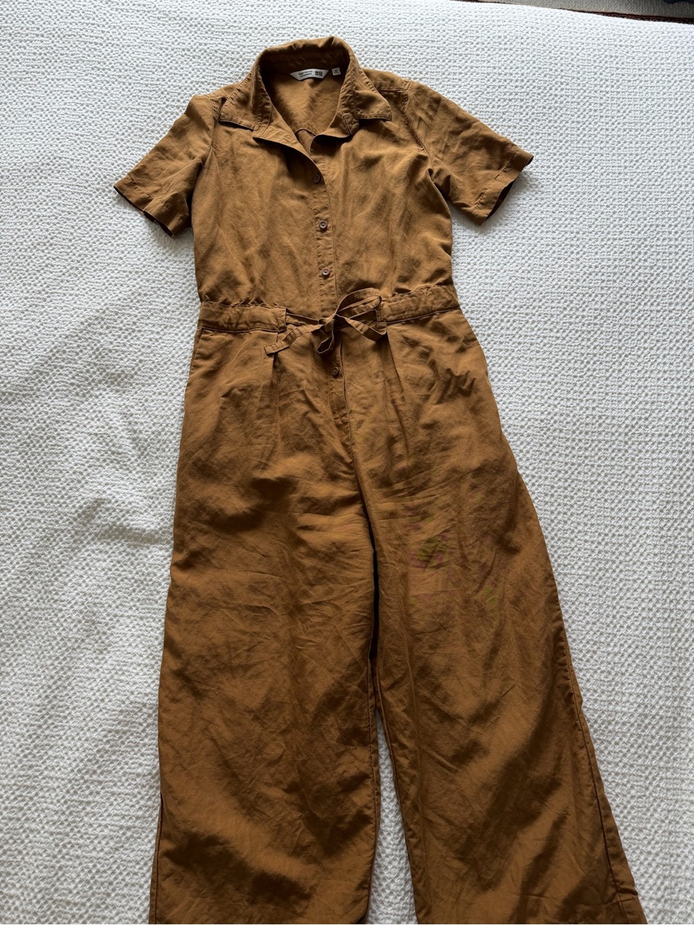 Uniqlo Women's Brown Short-Sleeve Linen Blend Jumpsuit with Tie Waist